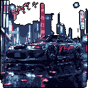 This pixel art showcases a dark sports car parked on a rain-slicked city street at night. The cool-toned urban scene, punctuated by vibrant city lights and Japanese signage, creates a nostalgic and slightly moody atmosphere.