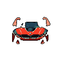 This pixel art showcases a sleek, futuristic sports car with implied gull-wing doors, poised for action. The vibrant red vehicle is highlighted against a stark black void, emphasizing its modern design and potential speed.