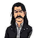 This pixel art portrait features a stern, mustachioed man with long dark hair, dressed in a jacket and gray shirt. His serious expression and limited color palette create an intimidating vibe.