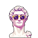 This pixel art bust reimagines Michelangelo's David with a playful twist, sporting bright yellow sunglasses with purple lenses. The retro color scheme and pixelated details add a humorous touch to the classical sculpture.