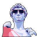 A pixel art statue bust sports cool sunglasses and points with playful irreverence. The blue and lavender hues create a cool, modern take on classical art.