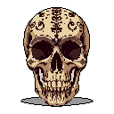 This pixel art image features a detailed skull, adorned with intricate Día de Muertos-inspired designs in earthy tones. The decorative patterns add a touch of cultural artistry to the macabre subject.