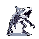 This pixel art depicts a menacing shark-humanoid cyborg with robotic armor and sharp claws, rendered in striking grayscale. The creature's hunched posture and extended arms create an unsettling blend of natural predator and artificial construct.