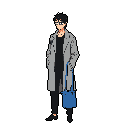 A stoic pixel art character, possibly urban or academic, stands in a void, their muted grey coat contrasting with a vibrant blue bag. Details like spectacles and a hand in their pocket add subtle personality to this understated figure.
