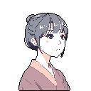 This pixel art portrait features a woman in traditional clothing, rendered in soft, muted tones. She gazes thoughtfully into the distance, creating a mood of quiet contemplation. The simple color palette and pixelated style evoke a nostalgic feel.