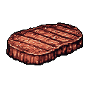 A delicious pixel art steak, complete with grill marks and seasoning, takes center stage. This appetizing, game-ready food item is rendered in warm, realistic browns and reds.