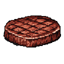 A pixelated, grilled steak takes center stage, showcasing detailed grill marks and warm, earthy tones. The simple representation evokes a classic food item suitable for a game or interface.