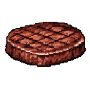 A pixel art grilled steak, cooked to medium, is presented top-down with detailed diamond grill marks. The simple, isolated design suggests it could be an icon or asset within a game.