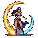 A powerful pixel art mage stands ready, framed by arcs of fire and ice, showcasing her mastery of contrasting elements. Her dynamic pose and confident gaze evoke a sense of mystical power and adventure.