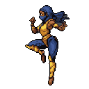 A fierce pixel art warrior, clad in striking gold armor and blue accents, strikes a dynamic pose of action and readiness against a stark black backdrop. This powerful female figure evokes the spirit of a classic fighting game character, radiating strength and determination.