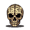 This pixel art showcases a meticulously crafted sugar skull, its beige and cream hues contrasted with dark brown details to create a striking, intricate design. The head-on view and elaborate floral and geometric patterns evoke the rich traditions of Day of the Dead celebrations.