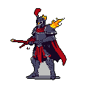 A formidable armored knight, rendered in pixel art, stands ready with a glowing-eyed helmet and fiery magic erupting from its shoulder. The figure's dark armor and striking flame effects create a powerful and mysterious presence.