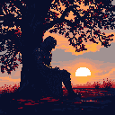 A lone, silhouetted figure sits in quiet contemplation under a sprawling tree, their form contrasting against a vibrant, pixelated sunset sky. The scene evokes a sense of melancholic solitude and reflection.