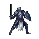 A pixel art knight in shining armor stands ready for battle, sword raised and shield braced. The stoic warrior, rendered in muted tones against a black backdrop, exudes defensive strength and focused intensity.