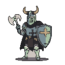 A heavily armored knight, rendered in detailed pixel art, stands ready with a double-headed axe and intricately designed shield. The desaturated teal armor and horned helmet evoke a stoic, fantasy-inspired warrior.