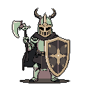 A pixel art warrior clad in pale green armor and a horned helmet stands ready with axe and shield. The figure's stoic pose and dark cape evoke a sense of ominous strength.