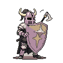 A pixelated medieval knight stands ready for battle, clad in purple-tinged armor and wielding a poleaxe and shield emblazoned with a star emblem. The stoic figure, set against a black void, evokes a sense of quiet strength and preparedness.
