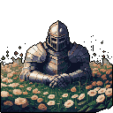 A pixel art knight in full armor finds a quiet moment of reflection, seated amidst a field of light beige flowers. The image captures a sense of peaceful respite.
