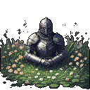 A pixel art knight in full armor sits peacefully cross-legged amidst a vibrant field of flowers. The muted color palette creates a contemplative atmosphere, suggesting a moment of quiet reflection for the warrior.