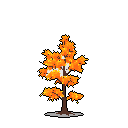 A vibrant, pixelated deciduous tree in warm autumn colors stands out against a stark black background. The image captures the essence of seasonal change with its bright oranges and yellows.