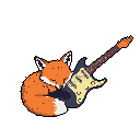 A red fox peacefully sleeps, using an electric guitar as a cozy pillow. The pixel art image captures a whimsical and peaceful moment, contrasting the wild with the musical in a charming scene.