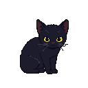 This pixel art image features a captivating black cat with striking yellow eyes, sitting alertly and gazing directly at the viewer. The minimalist design and dark background emphasize the cat's curious and slightly wary expression.