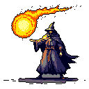 A masked wizard in dark robes commands a vibrant, jagged fireball with an outstretched hand, his figure radiating power against a stark background. The pixel art emphasizes the contrast between the wizard's muted tones and the intense magical energy.