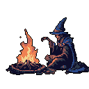 A lone, robed wizard finds solace in the flickering warmth of a campfire. Bathed in the fire's orange glow against a dark backdrop, the figure evokes a sense of quiet solitude and fantasy.