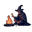 A lone wizard or witch sits in quiet contemplation by a crackling campfire, the warm light illuminating their face as they gaze at a mysterious object held in their hand. The pixel art evokes a sense of solitude and magic in the darkness.