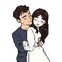 This pixel art depicts a tender embrace between a man and woman, their closed eyes and gentle touch radiating deep affection and intimacy. The couple, rendered in soft peach tones and muted colors, shares a moment of serene connection against a stark black backdrop.