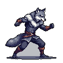 This pixel art showcases an intense, bipedal wolf creature poised for action, clad in rustic clothing and ready to strike. Its determined expression and dynamic pose against a stark black background create a mood of impending conflict.