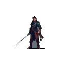 A pixel art warrior or assassin stands poised and ready, their dark clothing and visible weapon hinting at a life of combat or stealth. The muted color palette and serious demeanor create a mysterious and capable figure.