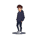 This pixel art features a relaxed young man in a hoodie, captured mid-sentence with a friendly, slightly introspective expression. His casual pose and muted color palette create a grounded and approachable vibe.