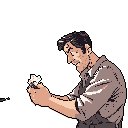 A pixel art man gazes intently at a small, light-colored object held in his hands, his expression hinting at wonder or quiet contemplation. The muted color palette and simple composition emphasize his focused attention.