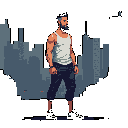 A muscular, determined man stands silhouetted against a dark pixelated cityscape, ready for action. This pixel art piece evokes a feeling of urban grit and quiet strength.