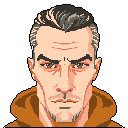 This pixel art headshot features a stern-faced man with greying hair and a goatee, his intense gaze focused directly ahead. He wears a burnt orange hood, adding to the serious and slightly foreboding vibe of the portrait.