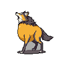 A stylized pixel art wolf, rendered in warm orange and cool grey tones, howls against a stark black void, capturing a sense of wildness and isolation. The canine's crouched posture and tilted head convey a powerful vocalization, evoking a feeling of raw, untamed nature.