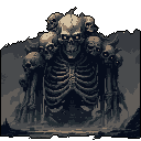 A colossal skeletal entity of bone and skulls dominates the scene, its glowing eyes and imposing form radiating ancient, malevolent power. This macabre pixel art figure evokes a chilling sense of death and decay.