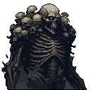 A towering, desaturated pixel art skeleton, formed from countless skulls and bones, stares ominously from the void. The monstrous figure, with glowing eye sockets, evokes a sense of death and would be right at home as a dark fantasy boss enemy.