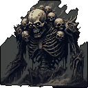 This pixel art depicts a horrifying skeletal monster, a towering figure of bone and decay adorned with countless skulls. With glowing eyes and gnarled limbs, it evokes a chilling sense of otherworldly horror.