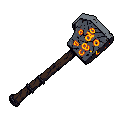 A powerful war hammer forged from dark stone or metal glows with fiery cracks, hinting at immense power and destructive potential. This pixel art weapon evokes a sense of fantasy and elemental energy.