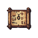 This pixel art image features an ancient scroll, possibly from a fantasy game, displaying an ornate necklace and other icons suggesting character stats or inventory. The aged parchment and decorative rods evoke a sense of mystery and forgotten knowledge.