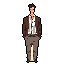 A pixel art character stands casually with hands in pockets, sporting a brown jacket over a light shirt, rendered in a muted, retro-inspired palette.