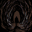 A shadowed figure stands at a dark cave entrance, a watchful silhouette hinting at the unknown path ahead. The muted color palette and enclosing walls create a somber and suspenseful atmosphere.