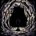A lone, hooded figure stands silhouetted at the mouth of a dark, jagged cave, gazing into an unknown abyss. The pixel art evokes a sense of mystery and foreboding, hinting at an adventure into the depths.