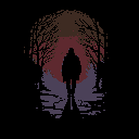 A solitary, hooded figure stands on a path in a dark forest, their silhouette framed by bare trees under the glow of a distant moon or sun. The pixel art evokes a sense of mystery and isolation with its muted, atmospheric color palette.