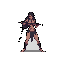 A pixel art warrior woman stands ready against a stark black backdrop, gripping her staff with focused determination. Rendered in muted earth tones, the image evokes a sense of quiet strength and hints at a fantasy or historical setting.