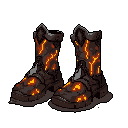 These pixel art boots, forged from dark stone or solidified lava, radiate power and danger with glowing orange veins. The imposing design and high-contrast color scheme create a striking visual, hinting at magical or elemental origins against a stark black background. They look like they are ready to tread on anything.