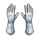 This pixel art showcases a pair of ethereal, white and light blue gauntlets adorned with swirling patterns. Their design and color palette evoke a mystical vibe, suggesting enchanted or ceremonial origins.