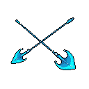 Glowing, ethereal glaives cross in this striking pixel art, their blue and teal blades shimmering against the void. The crossed weapons evoke magic and power, reminiscent of fantasy or video game aesthetics.